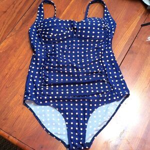 Romenza Targo One Piece Swimsuit Bathing Suit Blue Polka Dot Sz L